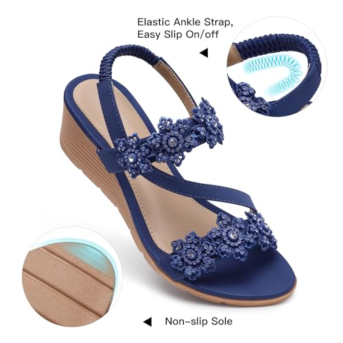 Image of SHIBEVER Wedge Sandals for Women Dressy: Summer Open Toe Low Platform Wedges Sandals Elastic Ankle Strap Flower Comfortable Casual Shoes