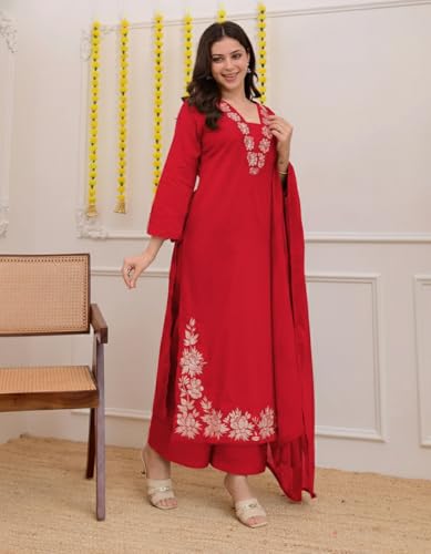 Image of ANNI Designer Pure Cotton Embroidered Kurta Set for Women | Rust Orange Kurta with Pants & Dupatta | Floral Neck & Hem Embroidery | Cotton Kurta Set for Women | 10 Colour Options Available