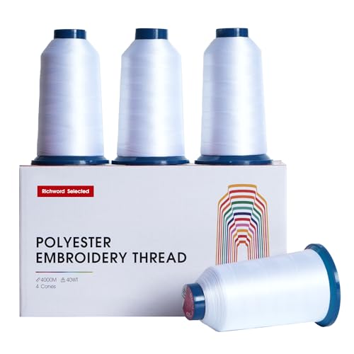Image of Poolin White Embroidery Thread, Huge Spool Richword Selected 4 Rolls 4000M(4374Y) 40WT Polyester Thread for All Embroidery Machines