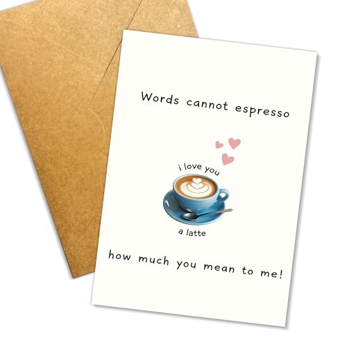 Funny Coffee Valentine’s Day Card, Cute Latte Cup Illustration, “Words