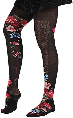 France Women's Tights, Black Fancy Flowers, XL
