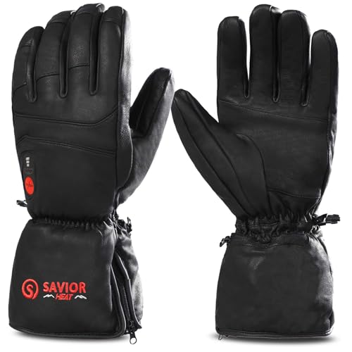 SAVIOR HEAT Heated Gloves for Men Women, Rechargeable Electric Heated Leather Skiing and Snowboarding Gloves Black-S06 X-Large