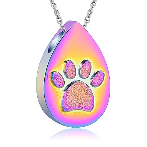 Imrsanl Teardrop Urn Necklace for Ashes Paw Print Cremation Jewelry for Ashes for Dog's/Cat's, Pet Pendant Memorial Gifts for Men Women (Colorful)