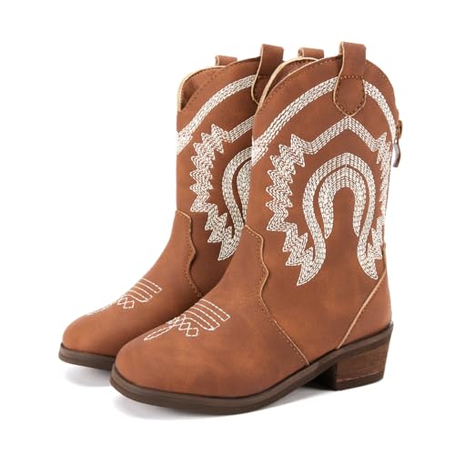 BMCiTYBM Girls Cowgirl Boots Unisex-Child Mid Calf Toddler Cowboy Boots Little Kids Western Boots Round Toe All Seasons Shoes