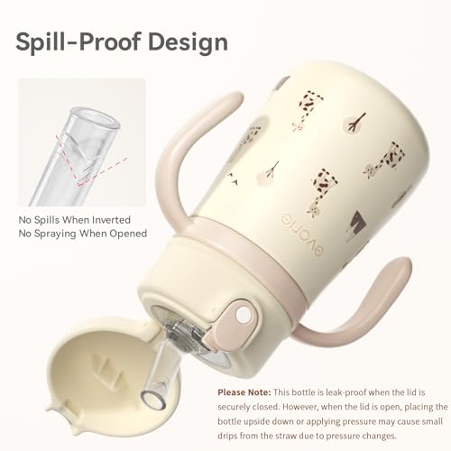 Evorie Leak Proof Vacuum Insulated Water Bottle, 316L Stainless Steel Sippy Cup for Toddlers, 11 oz Straw Cup with Handle & Adjustable Strap, Keeps Drinks Warm or Cold (1 Pack, Giraffe) by Evorie - Image 3