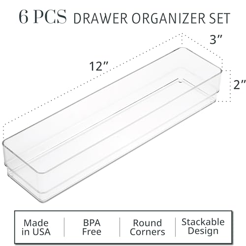 STORi SimpleSort 6-Piece Stackable Clear Drawer Organizer Set | 12" x 3" x 2" Rectangle Trays | Narrow Makeup Vanity Storage Bins and Office Desk Drawer Dividers | Made in USA - Thumbnail 2