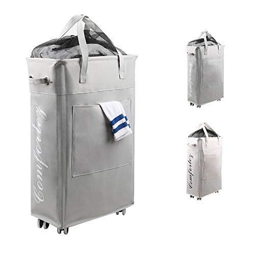 Comfortez 25 WHEELED Laundry Hamper Breathable Cover Heavy Duty Laundry Sorter Dirty Clothes Organizer Waterproof Foldable Laundry Basket Slim 25” Light grey