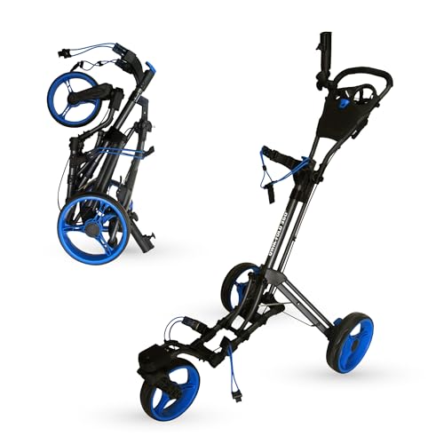 Qwik-Fold 360 Swivel 3 Wheel Push Pull Golf CART - 360* Rotating Front Wheel - ONE Second to Open & Close! (Charcoal/Blue)