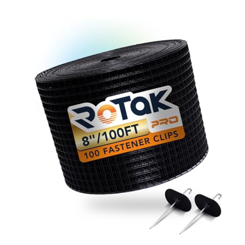 Rotak Critter Guard PRO - 8in x 100ft Solar Panel Bird Prevention Roll Kit with 100 Fastener Clips - Heavy Duty Galvanized Black PVC Coated ½ inch Wire Roll Mesh (8