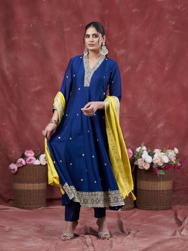 Image of MOKOSH Women's Silk Embroidery Anarkali Kurta Pant with Dupatta | Anarkali Kurta Set |Embroidered |V Neck Full Sleeve Ethnic Suit |3 Piece Outfit