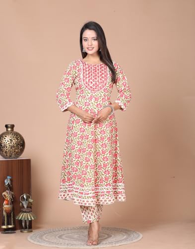 Image of Queens World Women's Anarkali Pure Cotton Floral Printed Kurta Pant Set With Dupatta (M To 2XL- Size)