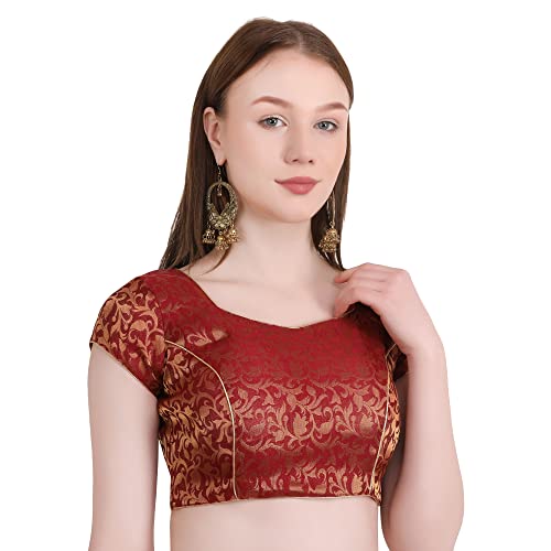 Image of Women's Short Sleeve Brocade (Chanderi) Readymade Stitched Saree Blouse Ready to Wear Half Sleeves Ladies Blouse