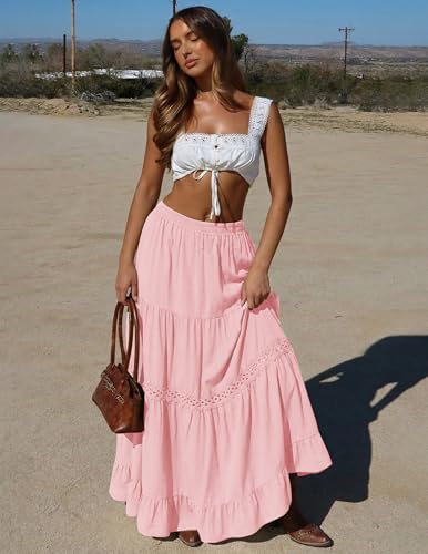 Zelroxa Long Cotton Skirts for Women Summer Boho Maxi Flowy Lace Crochet A Line Tiered Pleated High Waisted Beach Vacation Midi Linen Skirts 2026 Trendy Clothes Outfits Pink — view 6