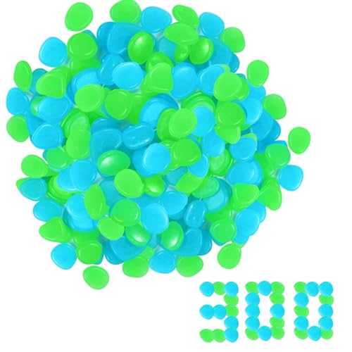 OUDQFCJ 300 Pezzi Luminose che Brillano al Buio, Fluorescenti in Resina, da Giardino, Decorativi per Vasi, Sassolini Decorativi, per Acquario, Ciottoli Luminosi per Prati e Terrazza (Blu, Verde)
