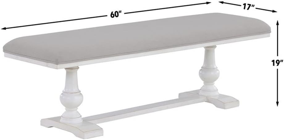 Pemberly Row Upholstered Bench, 60 in, Engineered Wood Base, White Finish, Polyester Linen-Like Fabric, Solid Wood Legs, Timeless Design, Comfortable Seating for Living Room, Bedroom, Hallway, or