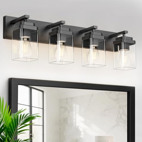 Image of Black Bathroom Light Fixtures, 4 Lights Bathroom Lighting Fixtures Over Mirror, Square Design & Rectangle Large Backplate, Modern Vanity Lighting Fixtures, for Bathroom /Living Room /Bedroom