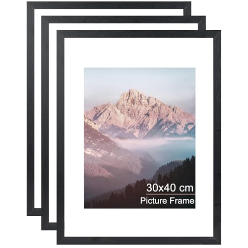 OMISHE Confezione da 3 cornici in legno massiccio 30 x 40 cm, colore nero, 30 x 40 cm, con tappetino da 21,5 x 28 cm e foglio in plexiglass, cornici in legno da 30 x 40 cm, da appendere alla parete,