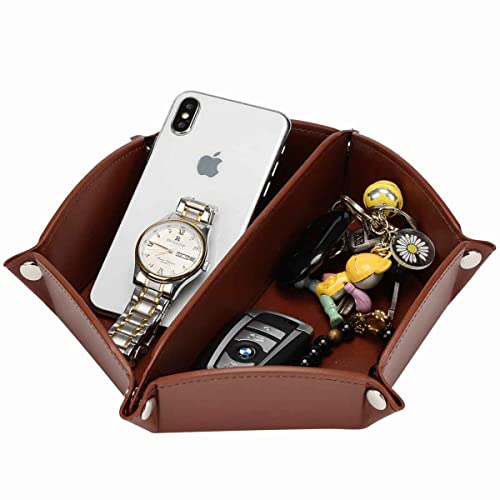 LISRSC Valet Tray Desktop Storage Organizer - PU Leather Bedside Tray, Dresser Top Nightstand Organizer, Decorative Vanity Tray, Catchall Tray,Storage Tray, Jewelry Key Tray,EDC Tray,Dice Trayï¼ˆBrown