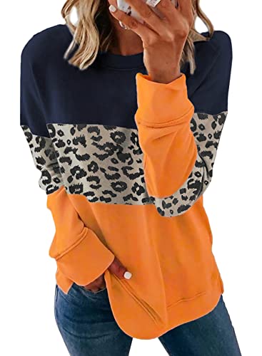 Acelitt Womens Ladies Long Sleeve Winter Crewneck Casual Loose Lightweight Soft Cozy Color Block Leopard Print Shirts Sweatshirts Clothing Pullover Tops Blouse Orange XL