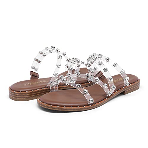 Image of DREAM PAIRS Women's Clear Studded Rhinestone Slide Sandals Slip on Open Toe Cute Flat Sandals for Summer