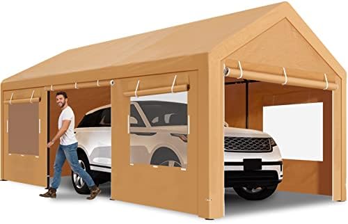 Carport Canopy 10x20 Heavy Duty with Roll-up Ventilated Windows & Doors, Portable Garage with Removable Sidewalls - Boat Shelter Wedding Party Tent Storage Shed Beige