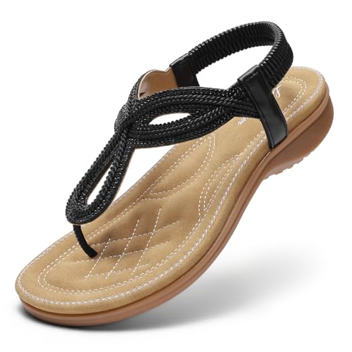 Littleplum Damen Sandalen Flache Sandaletten Sommer Freizeit Zehentrenner mit Weiche Fußbett A Schwarz 39 EU