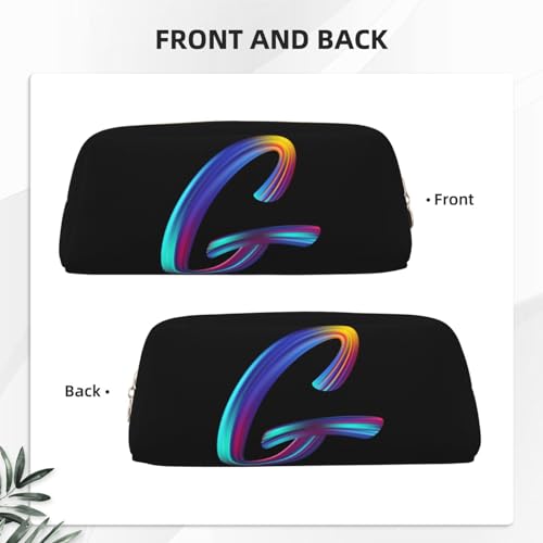 Image of Cute Initial Pencil Case for Kids Simple Leather Pencil Pouch for Boys Girls Letter Design Pencil Box Pen Bag Pencil Pouch Office Stationery Organizer, Rainbow Letter G