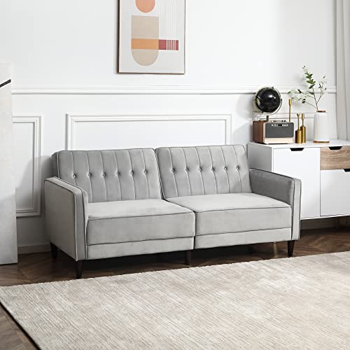 Homcom Convertible Sleeper Sofa, Futon Sofa Bed With Split Back Design Recline, Thick Padded Velvet-Touch Cushion Seating And Wood Legs, Light Grey #TOP6