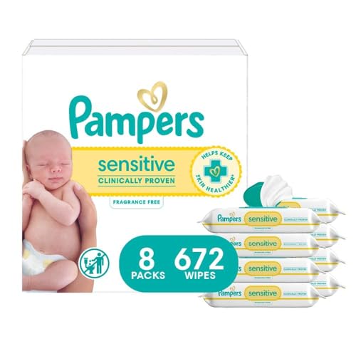 Image of Pampers Baby Wipes, Sensitive, Water Based Wipe, Clinically Proven, Hypoallergenic, and Unscented for Babies, 672 Wipes Total (8 Flip-Top Packs) [Packaging May Vary]