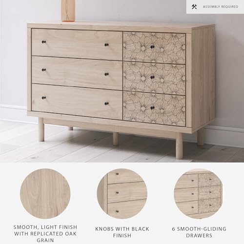 Image of Signature Design by Ashley Birkmore 6 Drawer Dresser, 10-Minute Easy Assembly, Engineered Wood, Whimsical Botanical Accent Drawers for Bedroom, Light Oak Finish