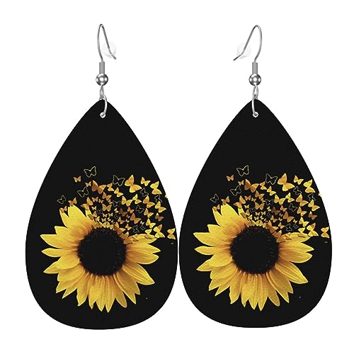 Yellow Sunflower Flower Earrings For Women Jewelry Lightweight Faux Leather Teardrop Drop Dangle Earrings