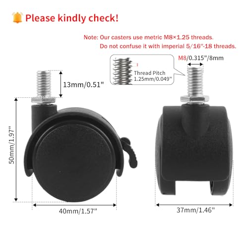 HOWDIA 1.5 Inch M8×1.25 Threaded Stem Nylon Swivel Caster Wheels with Brake – Floor-Protecting Light-Duty Replacement for Carts, Office Chairs & Furniture, Not fit for 5/16-18(30 kg Total, 4-Pack)