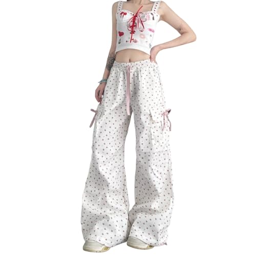 Hewlshawn Women Pants Casual Baggy Floral Pattern Drawstring Elastic Waist Wide Leg Trousers with Pockets