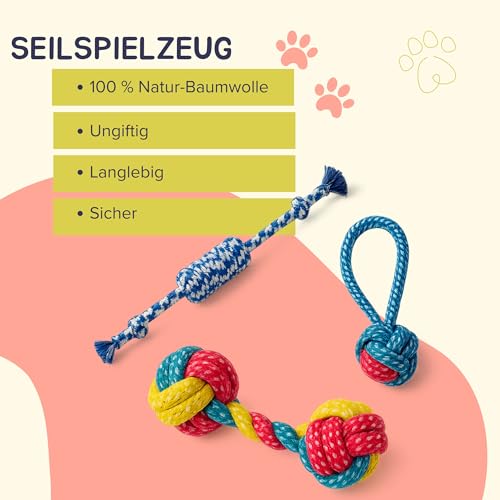 BALLONTE Welpenspielzeug Set 7-teilig für kleine Hunde – Kau- & Quietschspielzeug, Robustes Seilspielzeug, Beschäftigung & Zahnpflege für Welpen – Ungiftige Materialien, Spielzeug gegen Langeweile