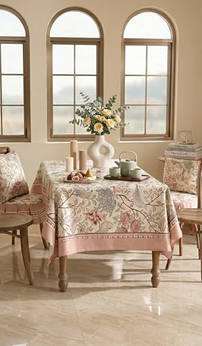 Image of ishro home Premium Dining Table Cover 6 Seater | Table Cover Cloth | Table Cloth 6 Seater - Soft European Fabric, Frill Design, Machine Washable | (Gul-o-Parindaay, 56x90 Inch (6-8 Seater))