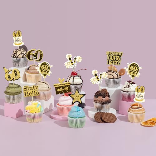 Gyufise 36Pcs Happy 60th Birthday Cupcake Toppers Glitter Black Gold Sixty Straight Outta 1966 Cupcake Picks 60 Fabulous Cheers to 60 Years Cake Decorations for 60th Birthday Party Supplies - Image 5