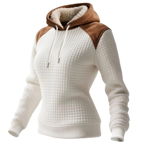Image of Generisch Casual Hooded Pullover with Checked Pattern Soft Comfortable for Winter Ideal as a Women's Sweatshirt for Daily Leisure Office, White, M