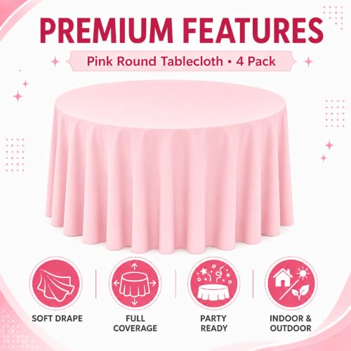 Image of WNINK 4 Pack Light Pink Round Tablecloth, 84 Inch Disposable Plastic Table Covers, Light Pink Round Table Cover for Birthday Parties, Holiday, Picnic, BBQ, Family Gathering Party Supplies