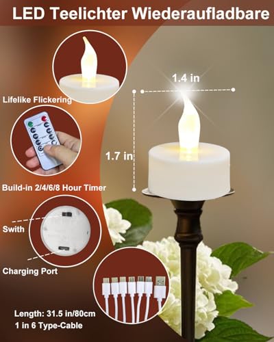 Image of Rechargeable Candles Tea Lights with Remote Timer,Battery Operated Flameless LED Tea Lights Candles with USB Rechargeable for Halloween,Christmas,Weddings,Birthdays 6-Pack(Warm White)
