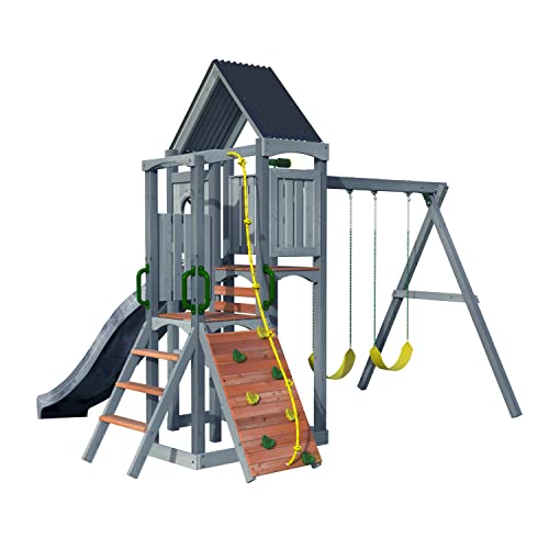 Jack & June Haven II Cedar Swingset with Swings, Slides, and Accessories â€“ Backyard Outdoor Playground Equipment â€“ 100% Cedar Wood â€“ Multiple Playset Configurations for Kids of All Ages