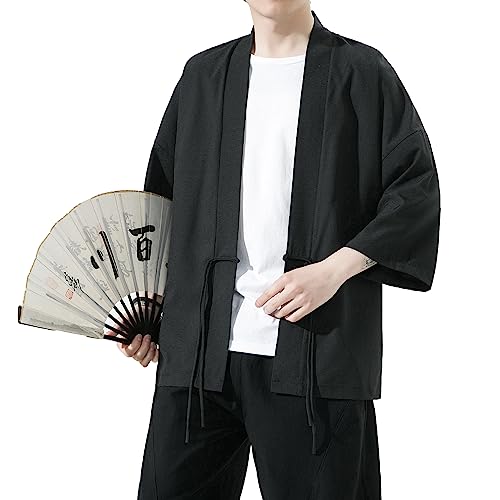 Image of Mens Kimono Cardigan Cotton Linen Japanese Shirt 3 /4 Sleeve Haori Yukata | Skin-Friendly Solid Color Lightweight Shawl Collar Kimono Robe Embroidery Button Tie Pockets Happi Coat All Season Daily Wear