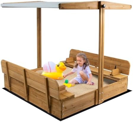Wooden Kids Sandbox with Lid, Outdoor Sand Box with Adjustable Canopy and Two Foldable Bench Seats, Sandbox with Cover for Beach, Backyard, Bottom Liner & UV-Resistant, Gift for Kids Age 2-8, 47”