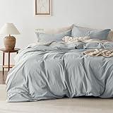 Bedsure 100% Washed Cotton Duvet Cover Queen Size - Pastel Blue Minimalist Cotton Duvet Cover Linen Like for All Seasons - GentleSoft™ Plain Simple Bedding (Pastel Blue, Queen, 90'x90')