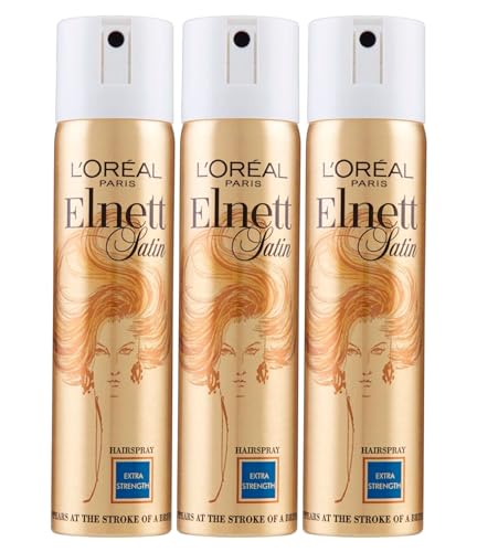 L'Oréal Paris Laque Spray Fixation Forte Elnett Satin Longue Durée Formule Micro-Diffusion Protectrice et Illuminatrice Anti-Humidité Effet Naturel - 3 Flacons de 75ml