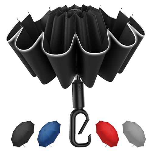 Copulan 46 Inch Auto Open Close Reverse Umbrella - Windproof 10-Rib UV Protection, Carabiner Handle & Reflective Strips for Car Travel (Black)
