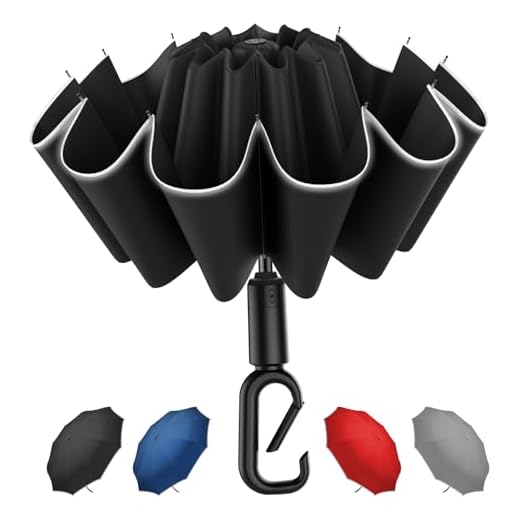 Copulan 46 Inch Auto Open Close Reverse Umbrella - Windproof 10-Rib UV Protection, Carabiner Handle & Reflective Strips for Car Travel (Black)​​
