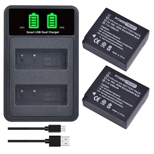 PowerTrust 2Pcs DMW-BLG10 DMW-BLG10E DMW-BLE9 Battery and Charger for Panasonic Lumix DC-GX9 LX100M2 G100K G100 DMC-GF6 GF5 GX7 LX100 GF3 GX80 GX85 GX7 ZS60 ZS80 ZS100 ZS70K