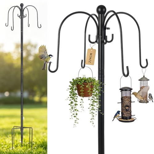 Image of Heavy Duty Bird Feeders Hanging Station, 88-Inch Extra Tall Bird Feeding Stations Stand, 25mm Thick Pole Bird Feeding Station with 5 Prong Base & 4 Shepherd Crook Hooks for Garden Outdoors (Black)