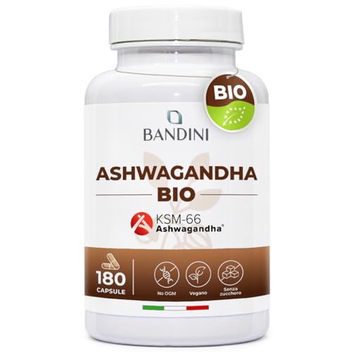 Bandini® Ashwagandha BIO KSM-66® Vegan (180 Capsule) - Qualità Premium: Ashwagandha Biologica - Integratore Naturale da Polvere Withania Somnifera (Ginseng Indiano) - Rimedio Ayurvedico per Stress
