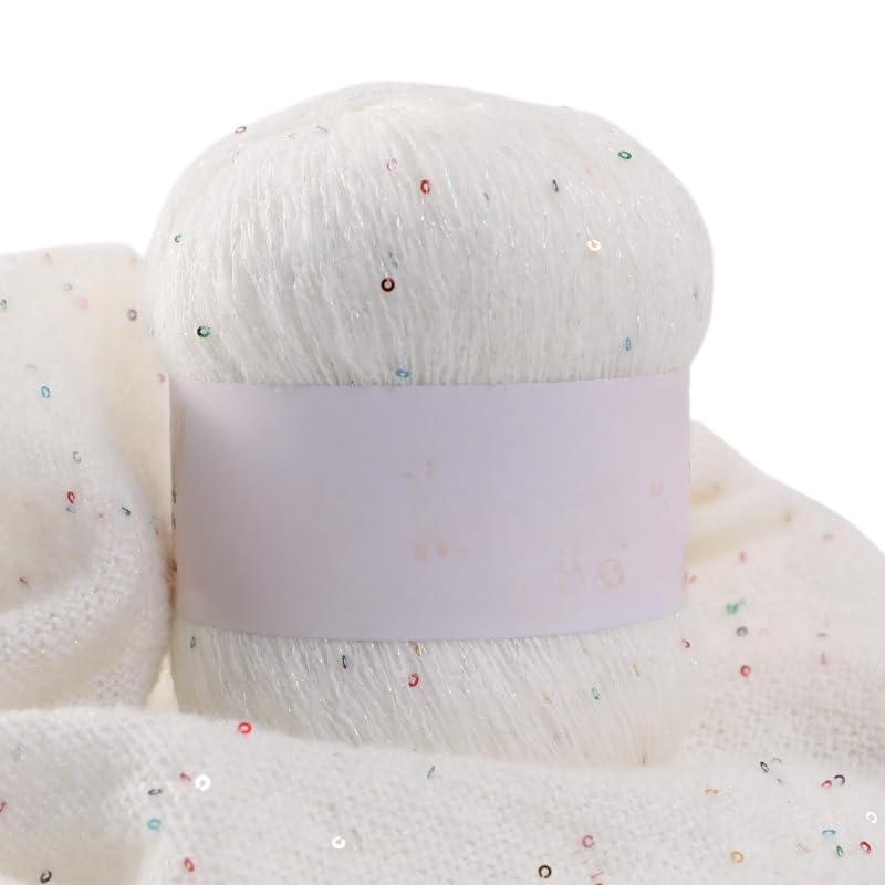 White Sequin Mohair Yarn 100g，DIY Knitting, Crocheting, Scarves, Shawls, Sparkly Craft Supplies